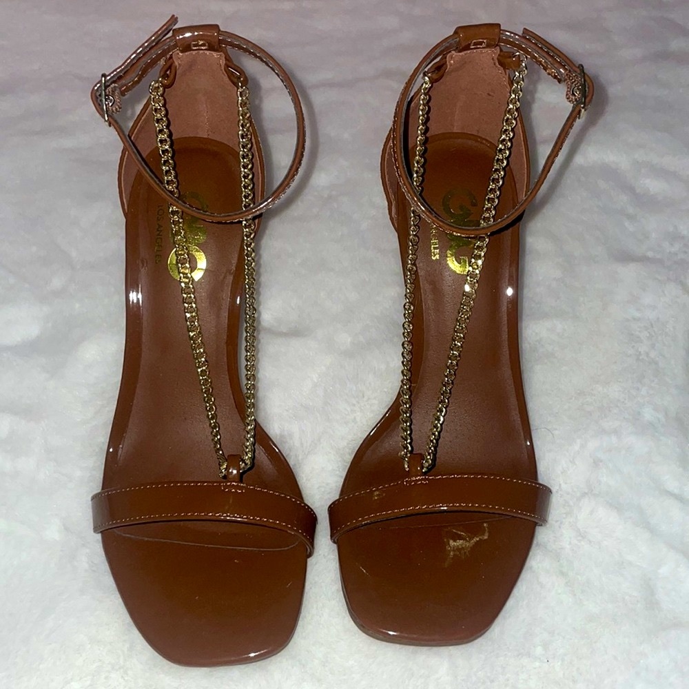 GBG Los Angeles Brown Open Toed Heels with Chains Size 5 1/2